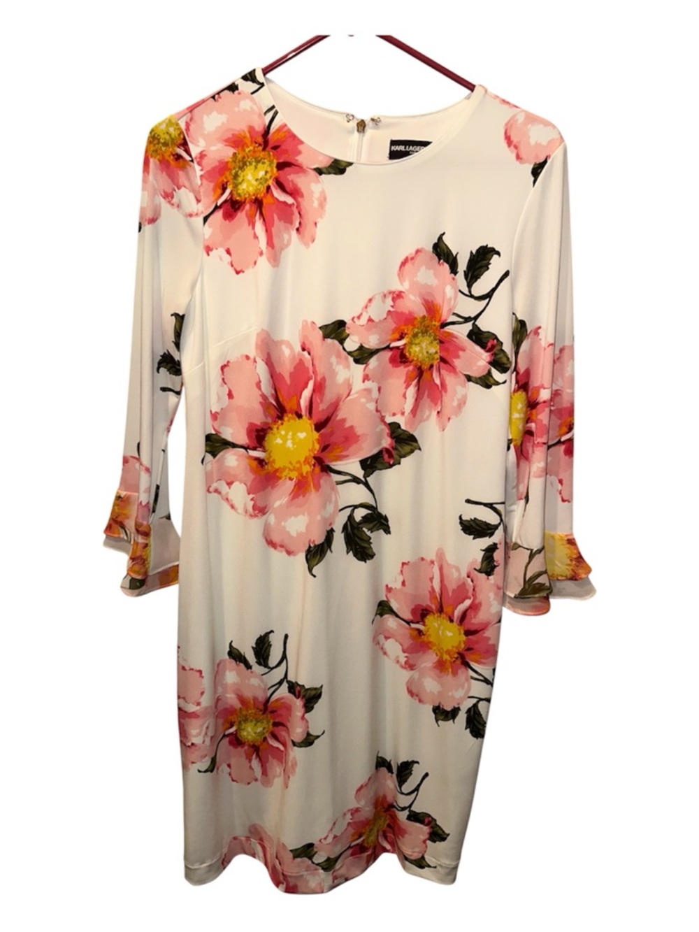 Karl Lagerfeld Pink and White Bell Sleeve Sheath Dress